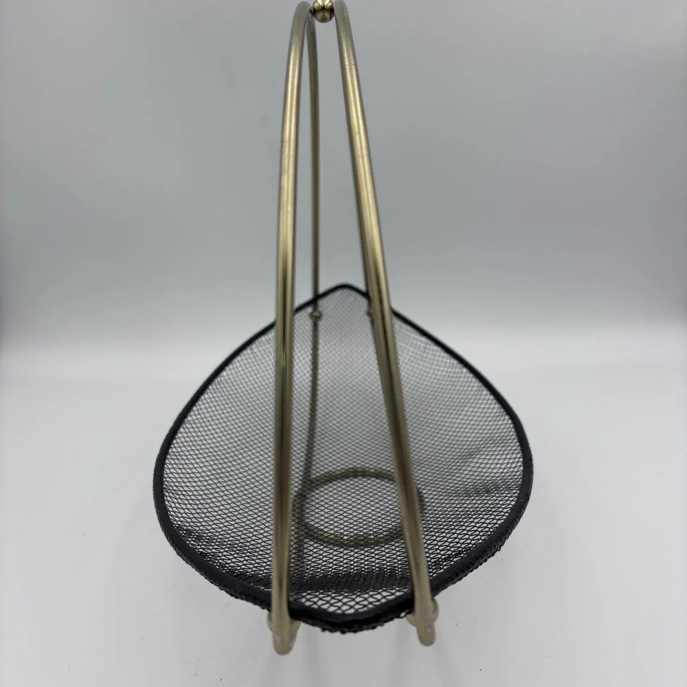 MCM Vintage Mesh Oval Table Metal Basket Black and Gold 14